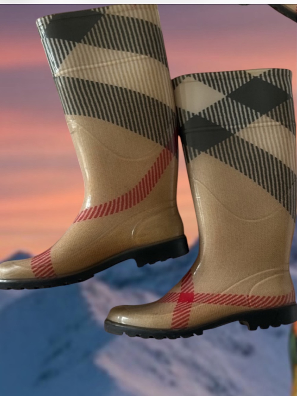 Burberry Tan Plaid Women's Rain Boots with Black & Red Accents
